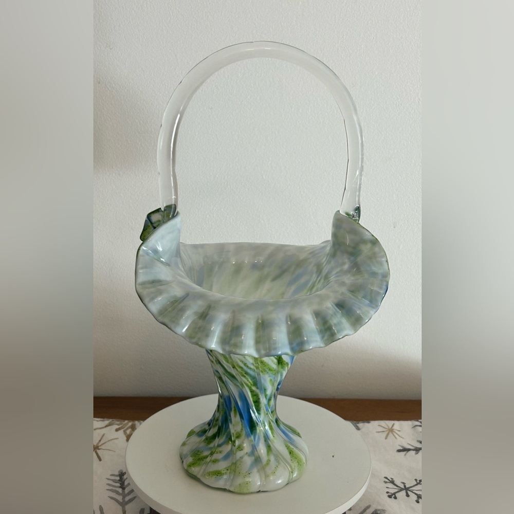 Elegant Fenton Green, Blue and White Glass Bridal Basket - Picture 3 of 6